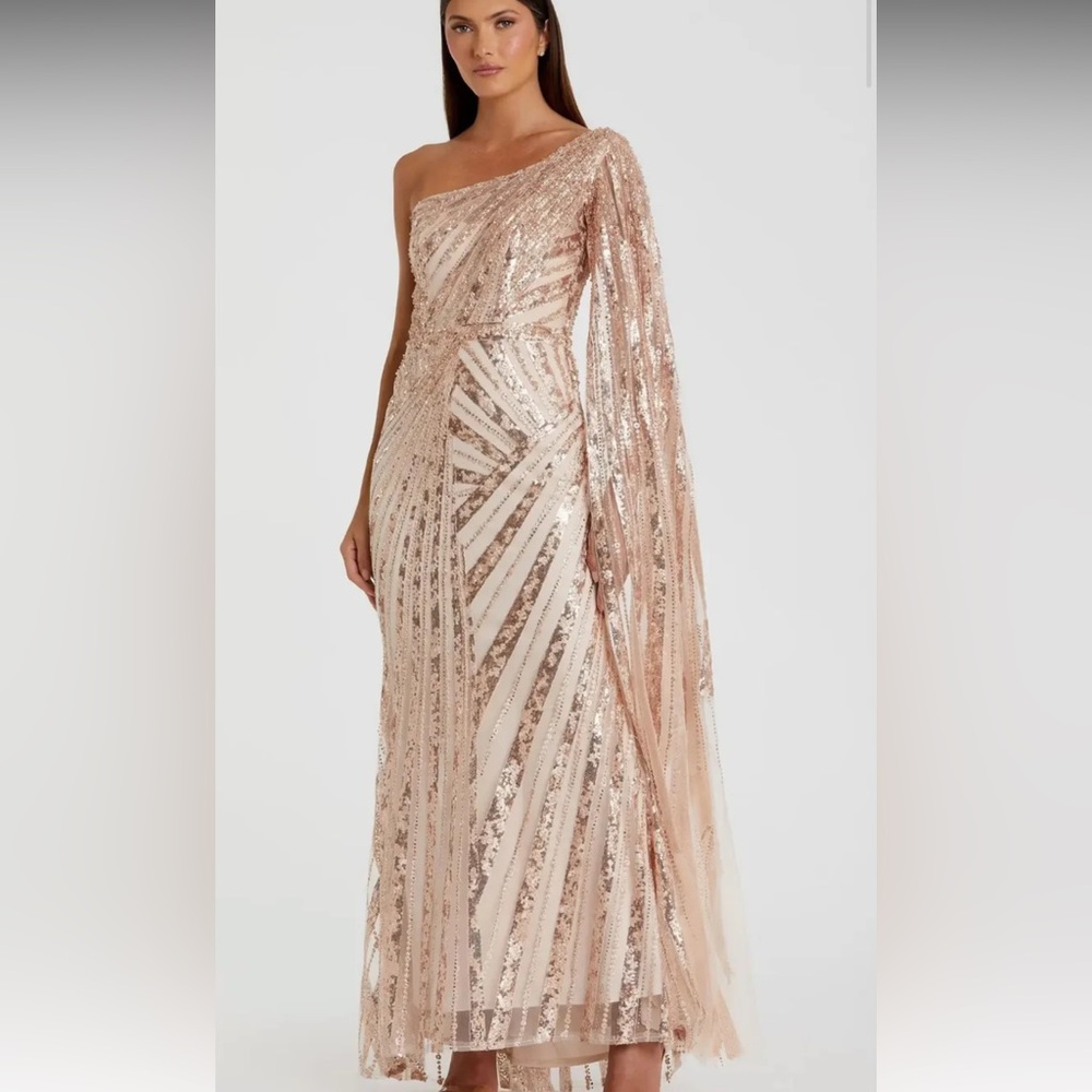 Mac Duggal 20528 Rose Gold One Shoulder Cape Sleeve Embellished Gown 12 NEW